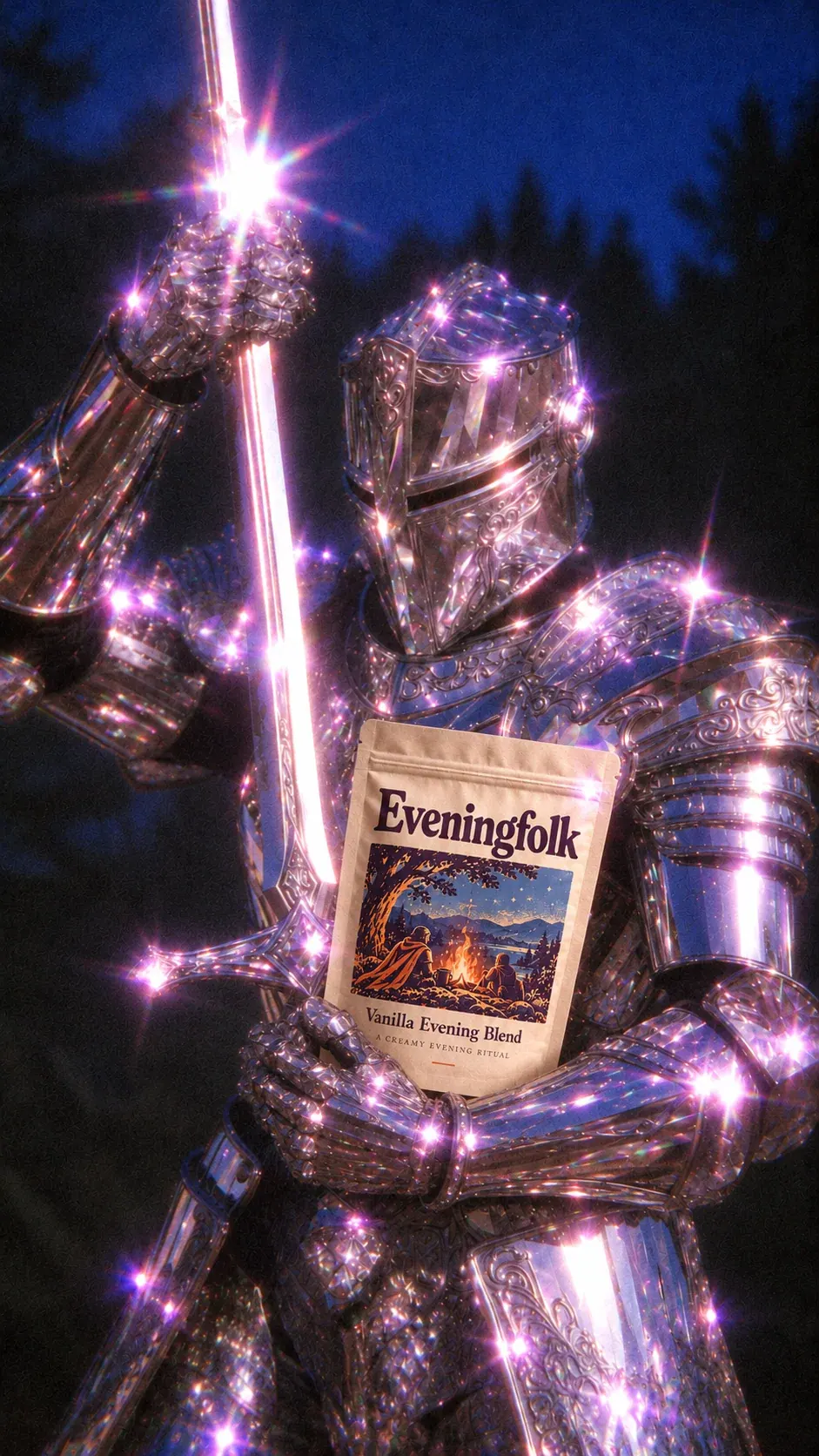 A silver knight holding Vanilla Evening Blend